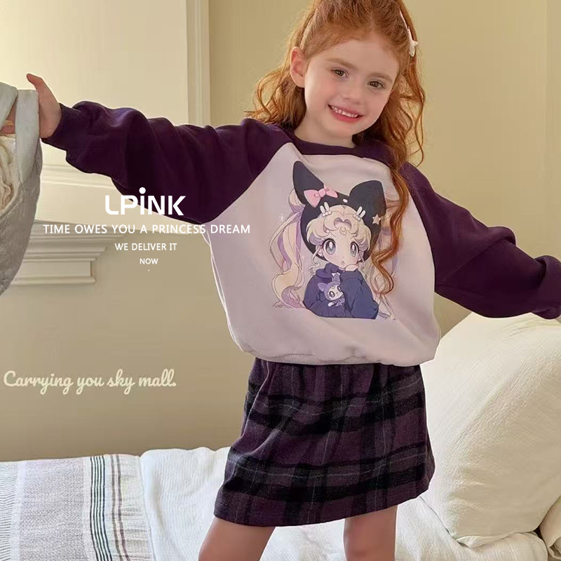 春秋款拼色印花小女孩圆领卫衣