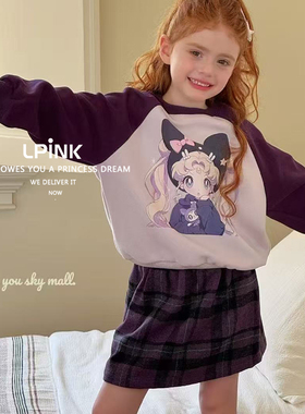 【Lpink童装 限量版】女童春秋款拼色印花小女孩圆领卫衣20186