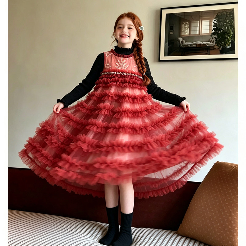 【Lpink童装】中大女童新款 秋冬款重工网纱蛋糕礼服长裙91004