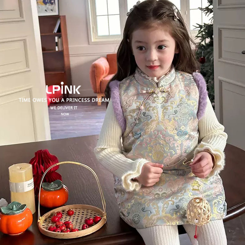 新款洋气女童国风提花毛毛马甲裙