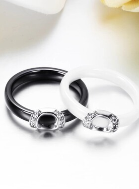 时尚钛钢戒指欧美ins4MM黑白凹陷元宝状陶瓷戒指镶钻钛钢戒指指环