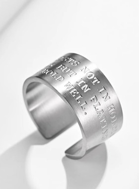 时尚钛钢戒指复古做旧字母英文食指戒指宽版开口百搭钛钢戒指指环