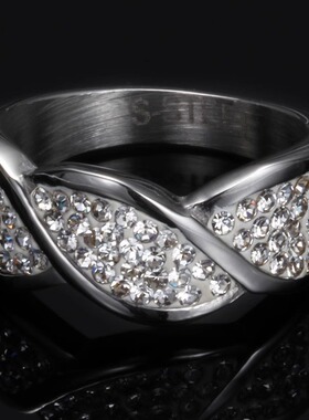 时尚钛钢戒指 欧美潮流几何麻花扭曲10MM镶钻钛钢戒指指环