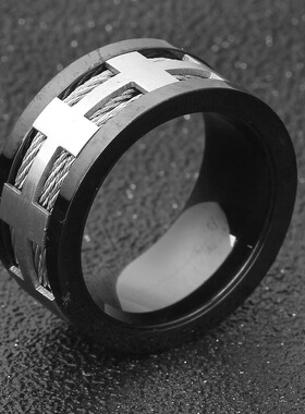 时尚钛钢戒指 欧美时尚电缆钢丝10MM间黑钛钢戒指指环