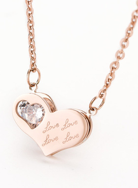 时尚钛钢项链 简约ins时尚爱心镶锆玫瑰金项链心形锁骨链钛钢项链