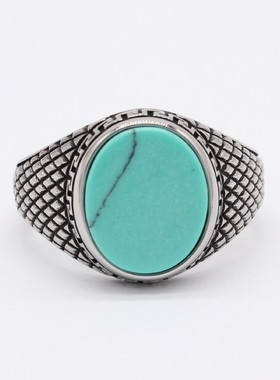 时尚钛钢男款戒指 欧美时尚简约圆形松石宝石戒指 钛钢男式戒指指