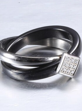 时尚钛钢戒指 简约7mm四边形镶锆石钛钢交叉黑银戒指钛钢戒指指环