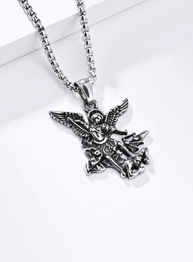 时尚钛钢项链欧美复古风圣迈克尔大天使钛钢项链小众个性潮人项链