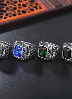 时尚风复古图腾宝石男士钛钢戒指