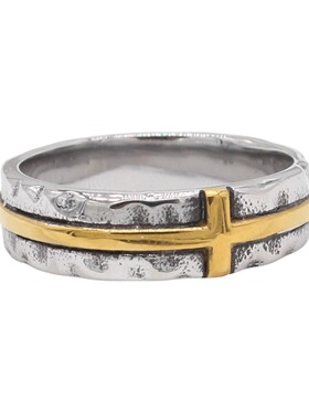时尚钛钢男款戒指欧美复古间金镶嵌细长条十字架男士钛钢戒指指环