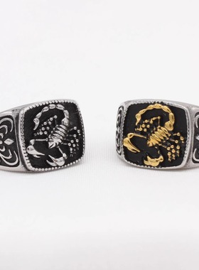 时尚钛钢男款戒指 欧美个性复古图文蝎子天蝎座方形钛钢戒指指环