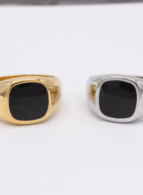 时尚钛钢男款戒指 欧美时尚简约冷淡风方形黑滴胶钛钢戒指指环