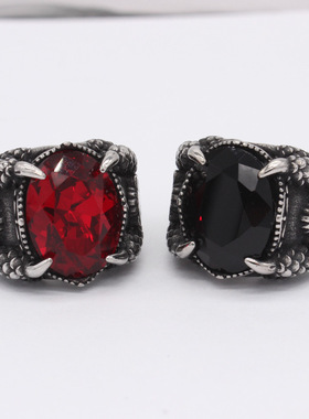 时尚钛钢男款戒指 欧美个性复古龙爪男士椭圆红宝石钢戒指指环