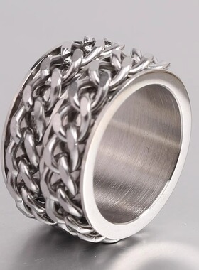 时尚钛钢戒指 欧美ins街头嘻哈Rap朋克双排复古锁链钛钢戒指指环