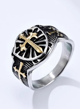 时尚钛钢戒指 欧美复古个性盾牌戒指宽版潮男钛钢戒指指环