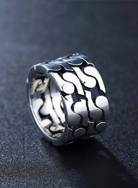 时尚钛钢男款戒指 复古欧美风车链超宽钛钢戒指潮男指环