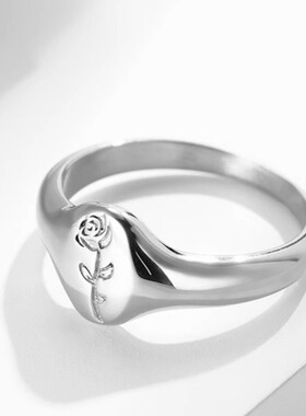 时尚钛钢戒指 时尚简约玫瑰花朵戒指尾戒椭圆形钛钢戒指指环