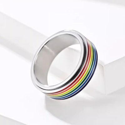 时尚钛钢戒指 时尚个性几何条纹可旋转解压缓解焦虑钛钢戒指