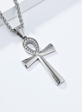 时尚钛钢项链 钛钢安卡十字架镶钻项链 男女十字架吊坠链钛钢项链