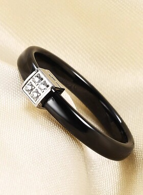 时尚钛钢戒指 欧美百搭ins简约光面4MM方形镶锆陶瓷情侣戒指指环