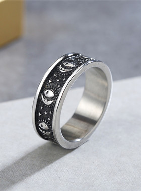 欧美风复古太阳月亮男士钛钢戒指