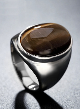 时尚钛钢男款戒指 时尚瑞丽简约复古椭圆宝石猫眼石钛钢戒指指环