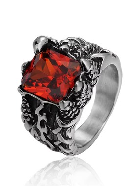 欧美风红宝石龙爪男士钛钢戒指