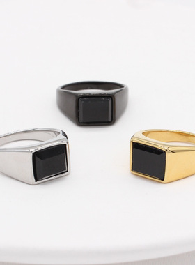 时尚钛钢男款戒指 时尚简约欧美个性黑宝石长方形钛钢戒指指环