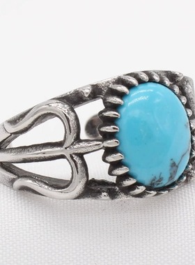 时尚钛钢男款戒指 欧美个性复古船锚圆形蓝松石开口钛钢戒指指环