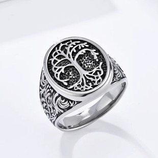 时尚钛钢男款戒指 欧美复古生命之树钛钢戒指 椭圆钛钢戒指指环
