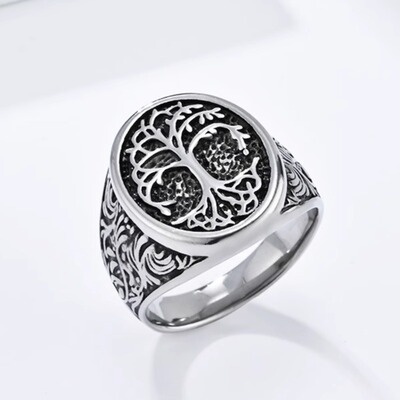 时尚钛钢男款戒指 欧美复古生命之树钛钢戒指 椭圆钛钢戒指指环