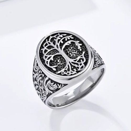 时尚钛钢男款戒指 欧美复古生命之树钛钢戒指 椭圆钛钢戒指指环