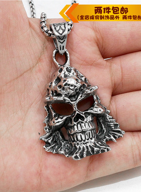 钛钢骷髅鬼头复古朋克风项链吊坠