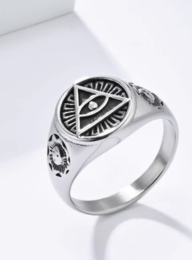 时尚钛钢戒指 复古做旧荷鲁斯之眼钛钢戒指指环 圆形三角图案戒指