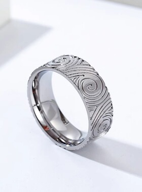 时尚钛钢男式戒指 欧美复古简约旋涡几何纹路钛钢戒指指环