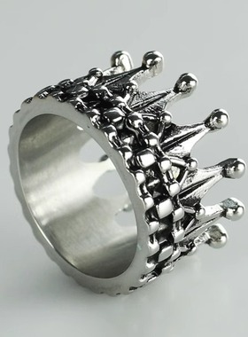 时尚钛钢戒指 皇冠戒指 简约王冠KING QUEEN银黑色男款戒指指环