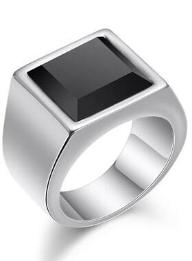 时尚钛钢戒指 欧美个性几何方形15MM镶黑玻璃戒指 钛钢戒指指环