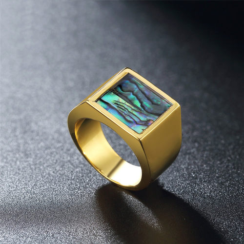 时尚钛钢男款戒指时尚欧美风贝壳金色简约方形男士钛钢戒指指环