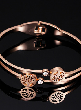 时尚风钛钢玫瑰金生命树镶钻手环