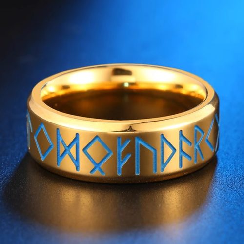 时尚钛钢戒指 8MM内弧镜光腐刻北欧维京文字夜光发光钛钢戒指
