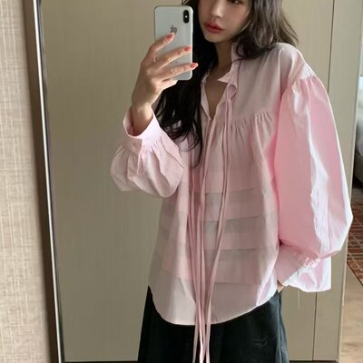 韩国chic  春夏新款立领压褶法式娃娃上衣衬衫粉色干净大码女装
