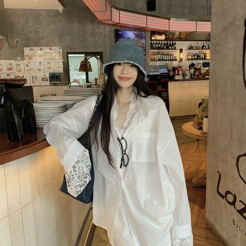 实拍早春宽松慵懒大衬衫拼接蕾丝袖子+内搭蕾丝背心两件套韩版女t