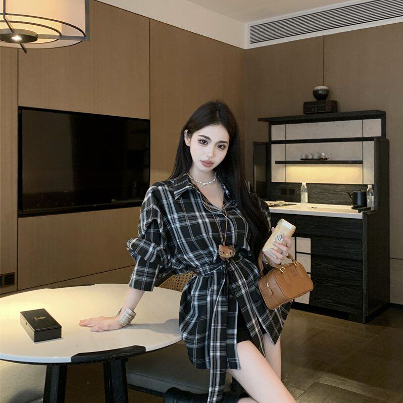 春季新款减龄复古系带两穿各自衬衫格纹上衣外套女黑白撞色千鸟格