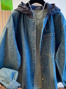 复古连帽西服拼接蓝色牛仔衬衫外套女早春韩版宽松大版高级感外套