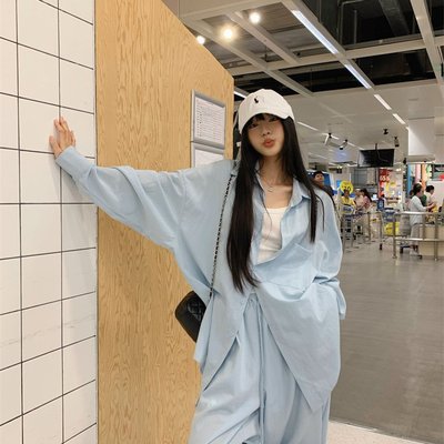 淡蓝色慵懒休闲衬衫套装女宽松薄款防晒衬衣阔腿裤两件套大版外搭