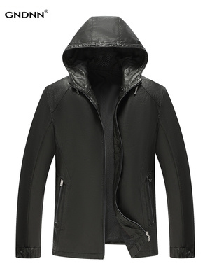 秋新款加肥加大海宁真皮皮衣男头层牛皮连帽真皮夹克胖子时尚休闲