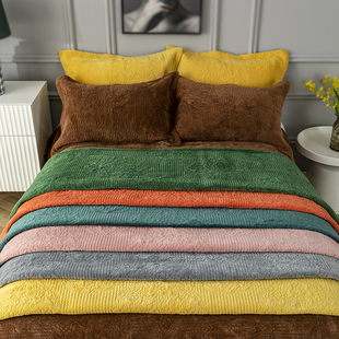 简约秋冬夹棉加绒外贸床单双面两用绗缝被床盖三件套纯色毛毯单件