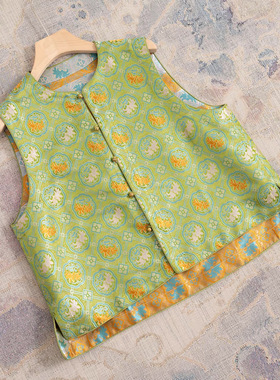 【翠芽】新中式国风真丝织锦缎双面提花可两穿圆领马甲MS821