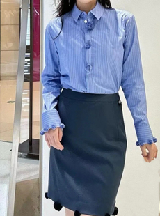 P*S亲肤精梳高支棉蓝白条纹通勤百搭长袖衬衫重工手工花朵上衣