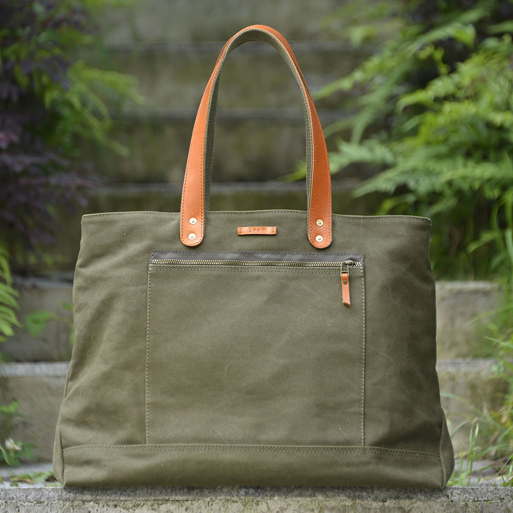 重磅厚帆布托特包 军绿色配 黄牛皮植鞣树膏肩带  uivy原创设计
